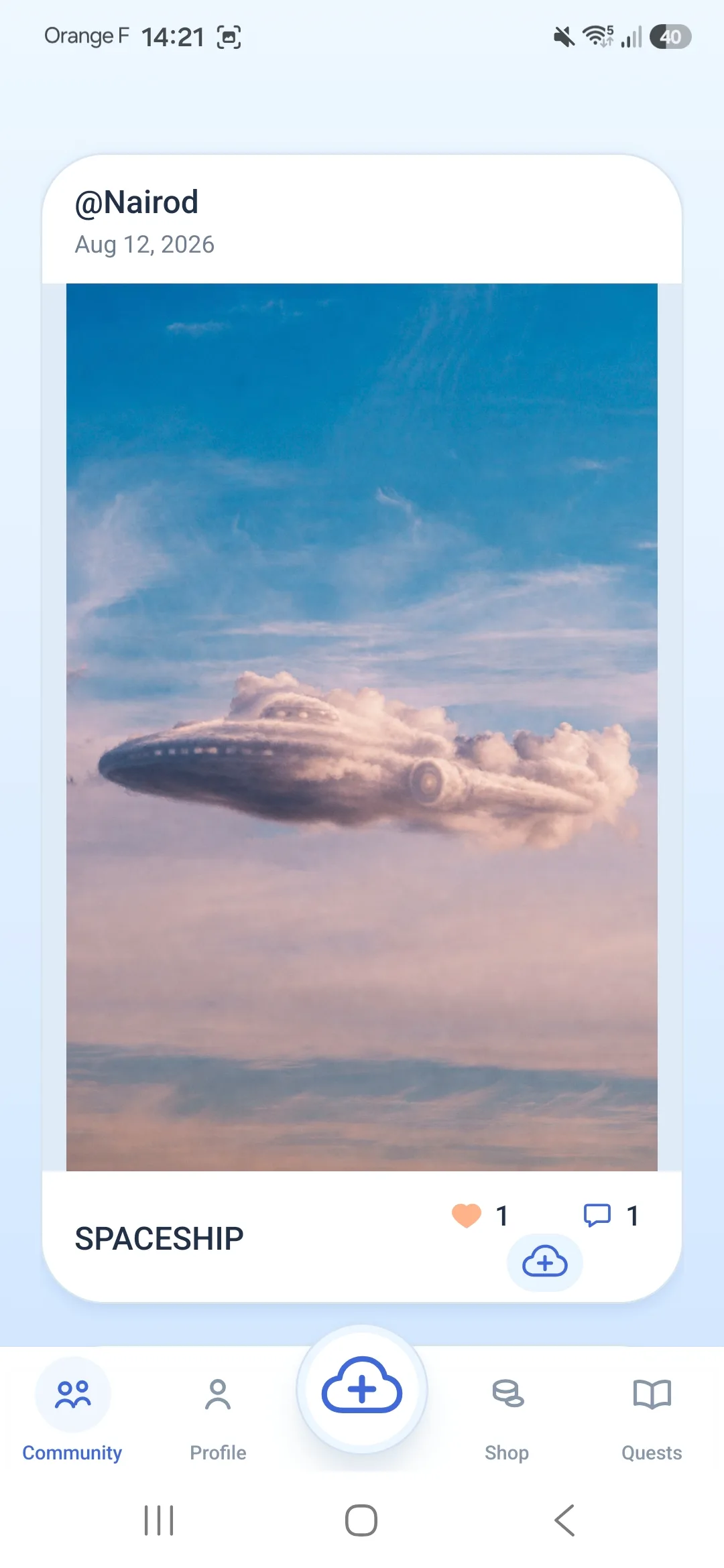 CloudMuse community feed showing published cloud reveals in the English-language Android app
