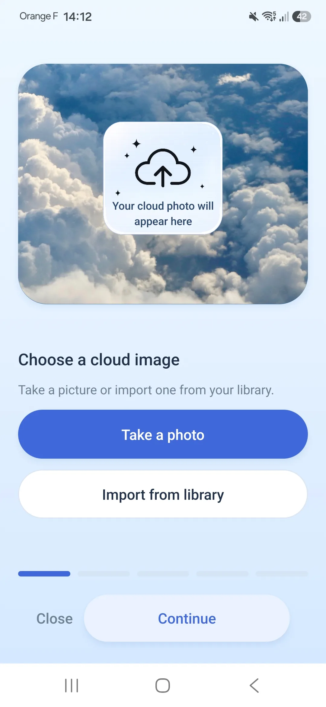 CloudMuse app screen for importing or photographing a cloud and selecting the cloud area