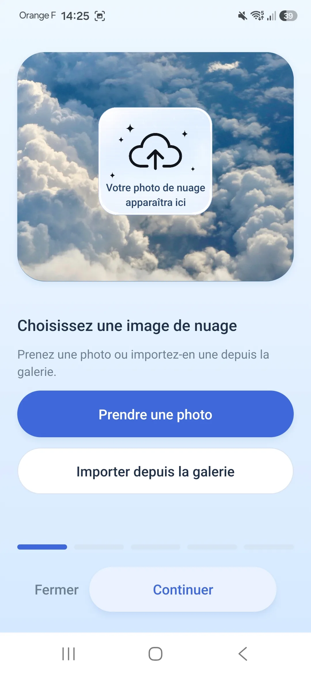 Écran CloudMuse pour importer ou photographier le ciel et sélectionner la zone du nuage