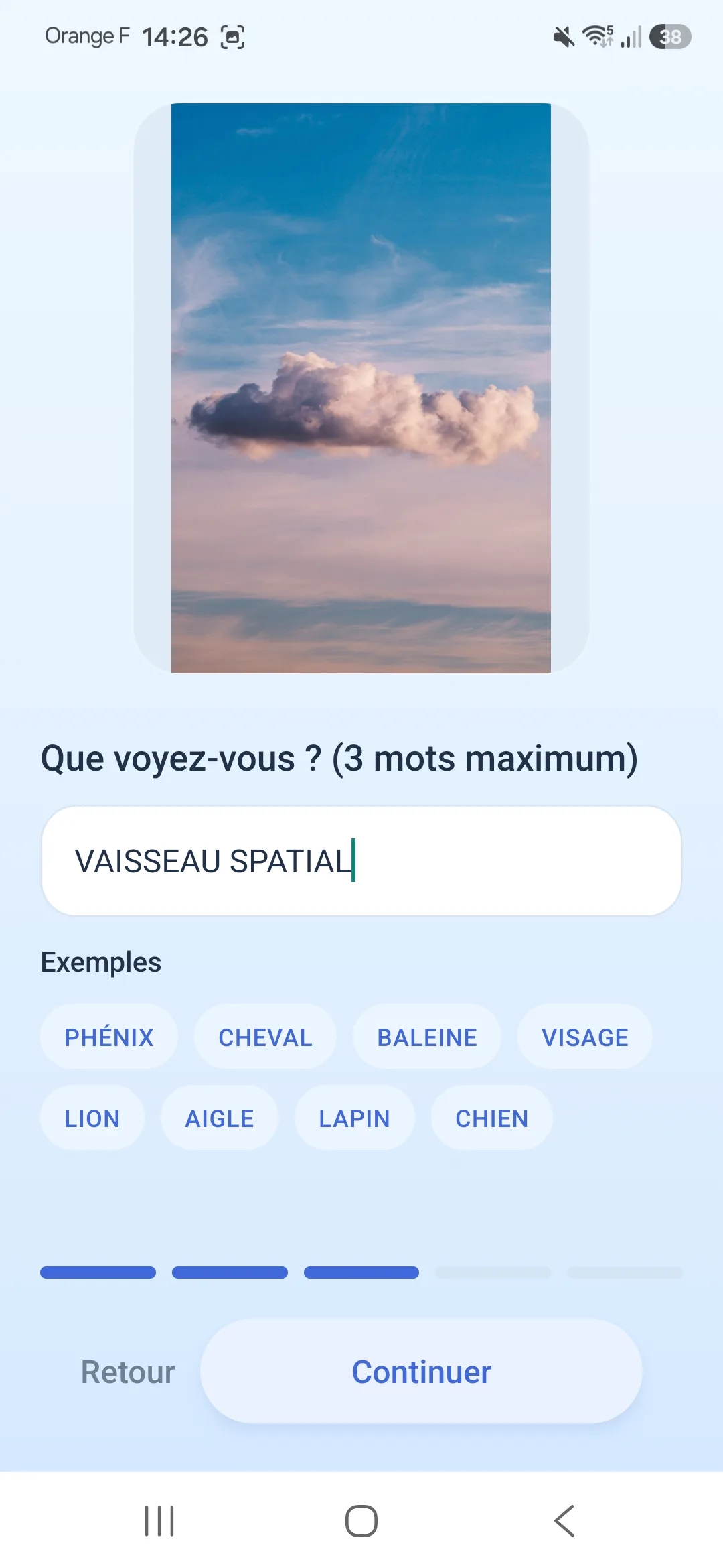 Écran CloudMuse où la personne décrit la forme perçue dans le nuage sélectionné